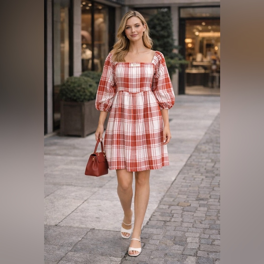 NWT Monteau‎ Los Angeles Tiered Women’s Babydoll Mini Dress Red Plaid SMALL